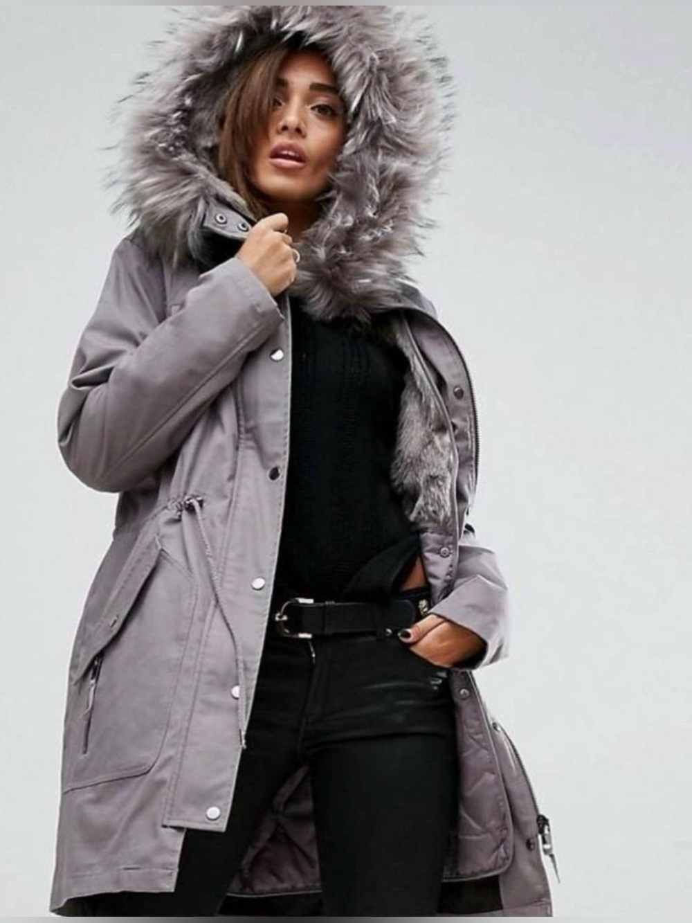 ASOS CURVE Grey Parka - Detachable Faux Fur - Heavy Coat - Internal Quilted Vest
